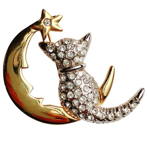 Rhinestone Cat on Crescent Moon Brooch Gold Tone Silver Tone Celestrial Jewelry - Picture 1 of 9